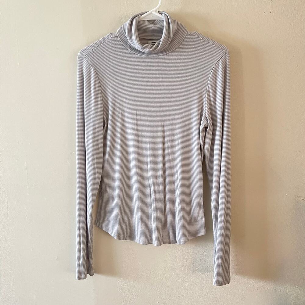 Sunday Best Womens Large Striped Turtleneck Top Blue White Long Sleeve Casual